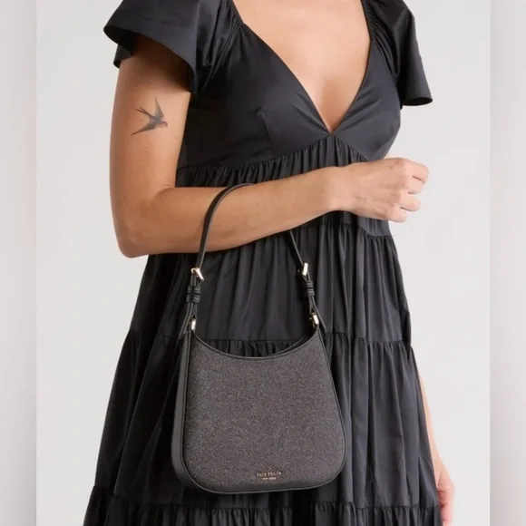 Kate Spade Black Sparkly Textured Shoulder Bag with Crescent Design NWT - Picture 3 of 12